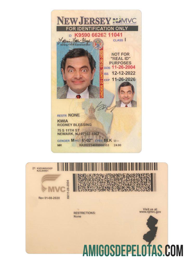 Amostra de cartão de identificação para menores de 21 anos dos EUA, Nova Jersey